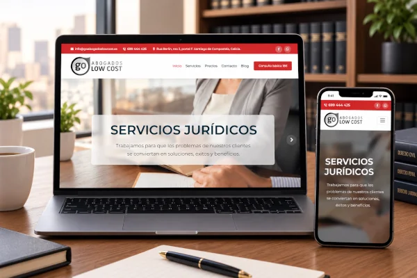Composición de la web de GO Abogados Low Cost en ordenador y teléfono móvil