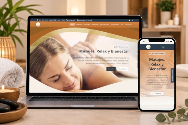 Composición de la web de QUM Relax y Bienestar en ordenador y teléfono móvil